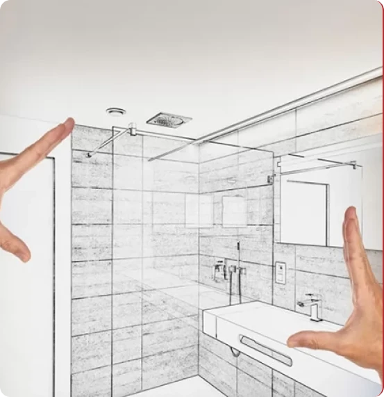 Hands reviewing a bathroom blueprint sketch overlaid on the finished shower